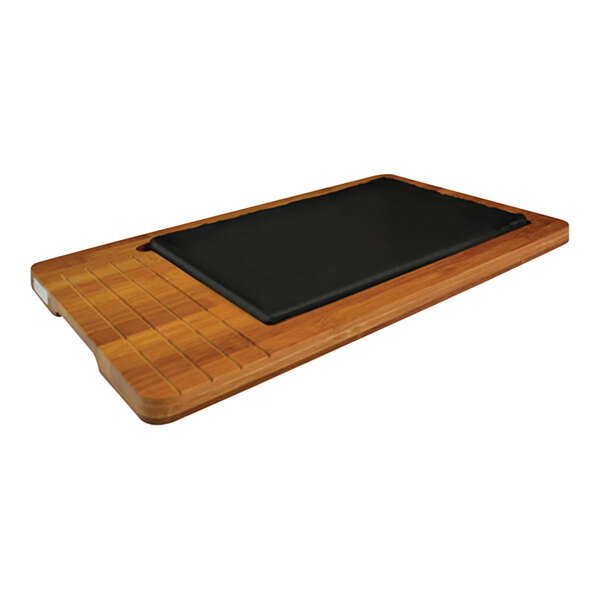 A wooden rectangular tray with a black melamine platter on it.