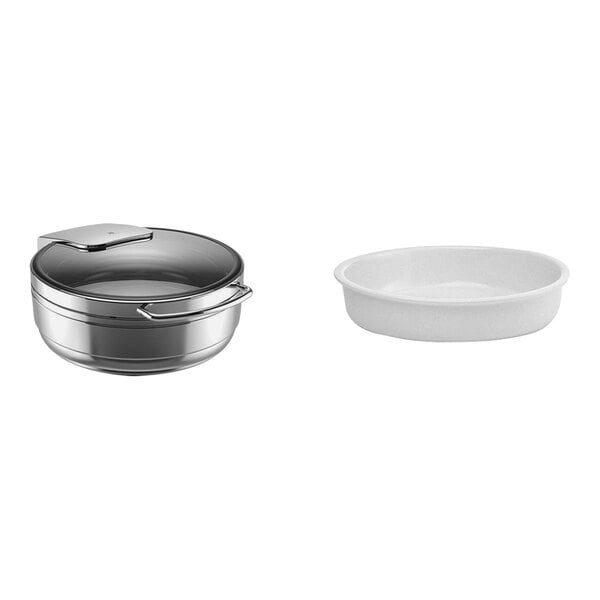 A silver WMF stainless steel chafing dish with porcelain inserts.