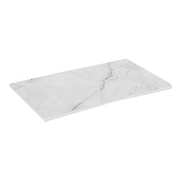 A white rectangular melamine platter with a marble design.