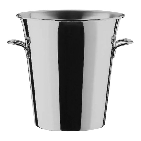 A silver stainless steel WMF wine cooler with handles.