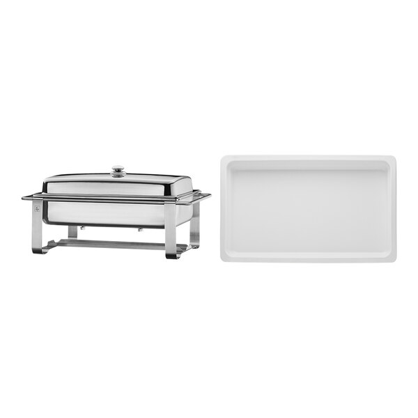 A Hepp rectangular stainless steel chafer with porcelain inserts inside.