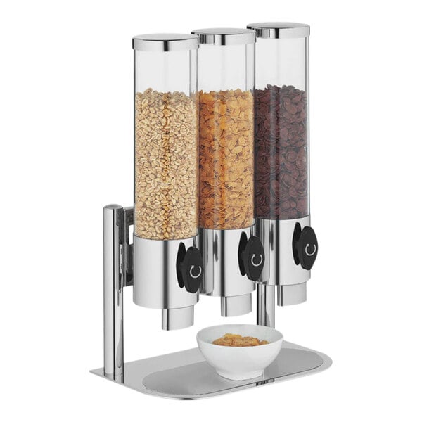 A Hepp by BauscherHepp stainless steel cereal dispenser with three bowls.