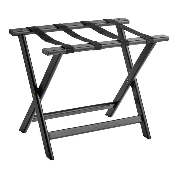 A Lancaster Table & Seating black wooden luggage rack with straps.