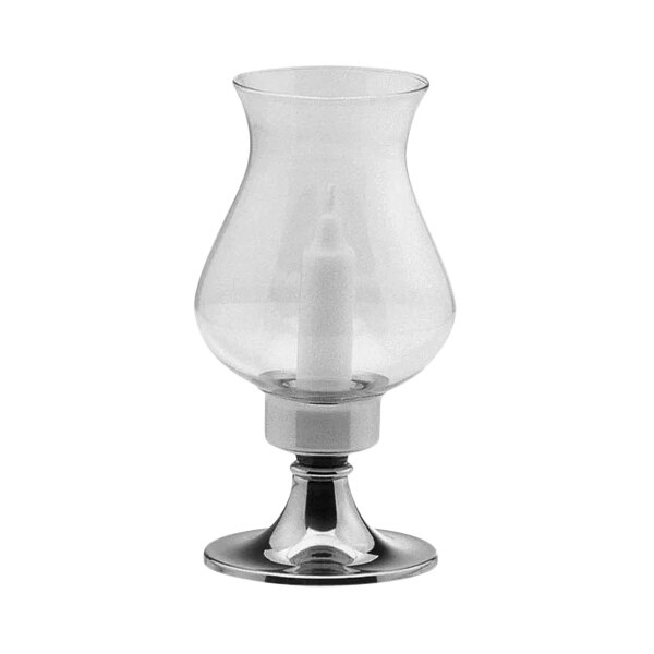 A stainless steel candle lamp with a glass candle holder inside.