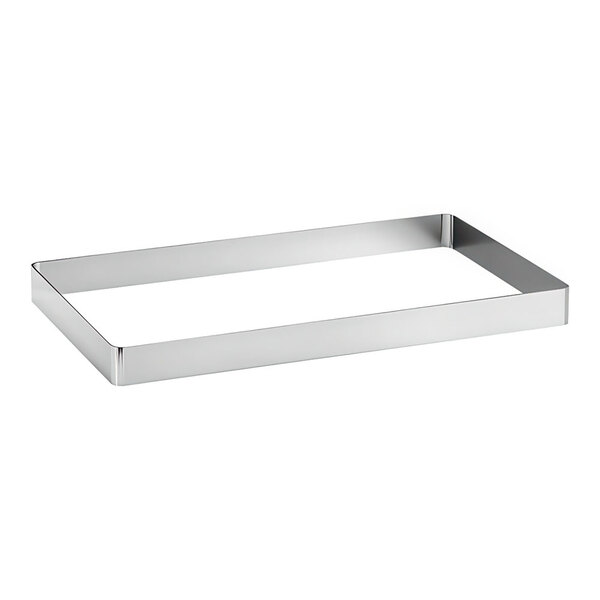 A white rectangular stainless steel display frame with a handle.