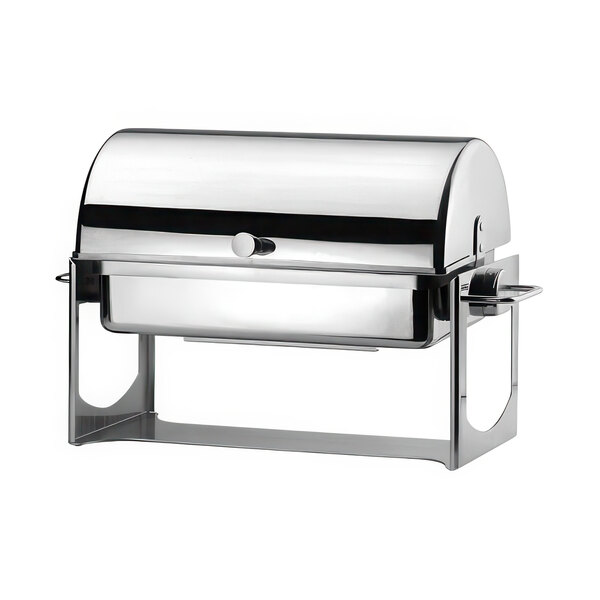 A silver stainless steel roll top chafer by Hepp Bauscher on a counter.