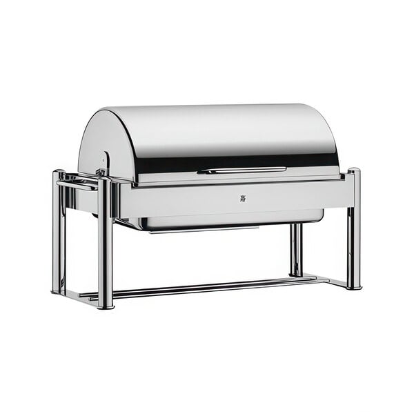 A WMF stainless steel roll top chafer on a counter.