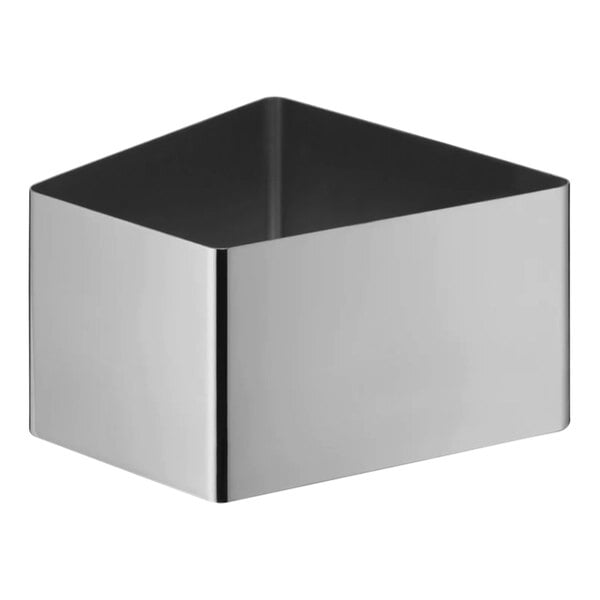 A silver stainless steel box with black edges.