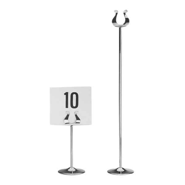 A Hepp stainless steel table card holder with a white card and black numbers on it.