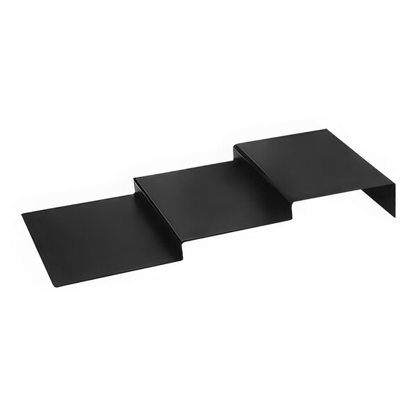 A black rectangular plastic display unit with three shelves.