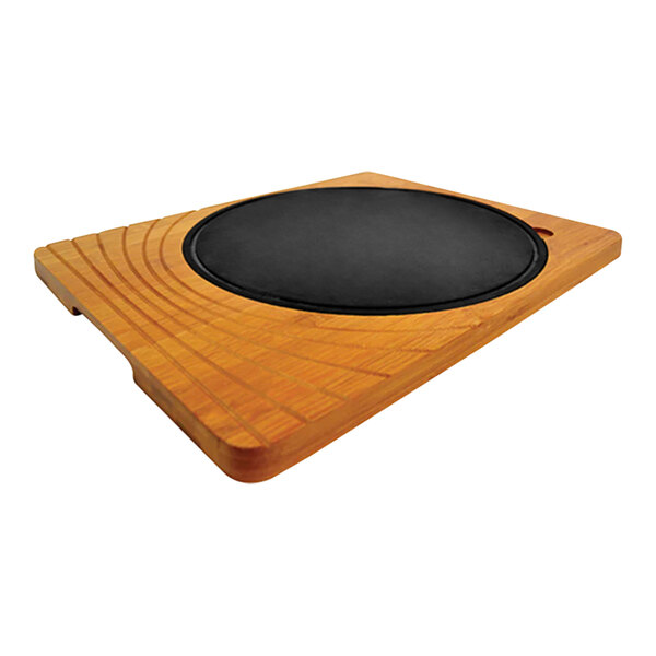 A rectangular bamboo tray with black melamine on the inside.