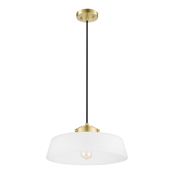 A Globe brass pendant light with a white frosted glass shade on a long black and gold pole.