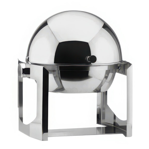 A Hepp Profile round stainless steel chafer with a lid on a stand.