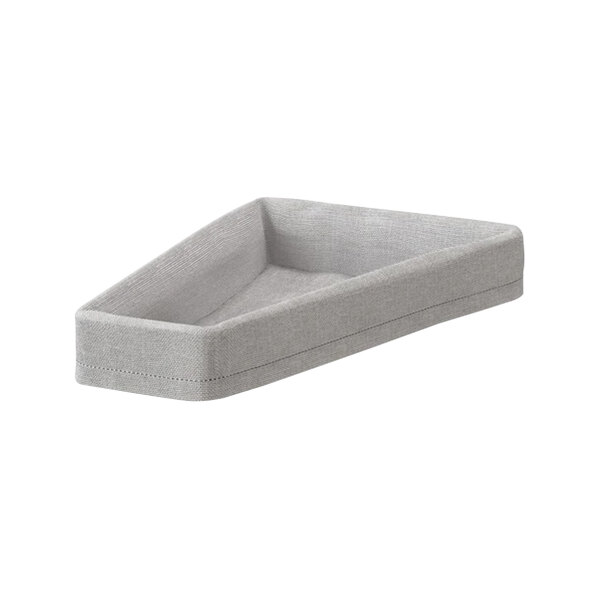 A grey fabric bread basket with a triangular shape.