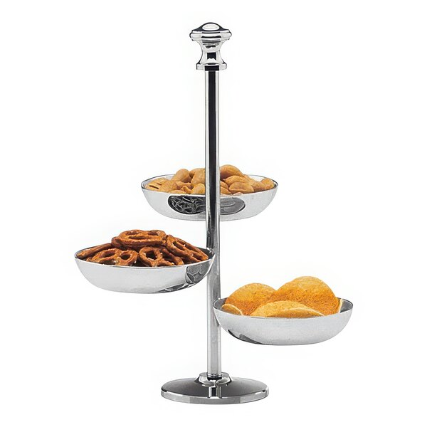 A Hepp by BauscherHepp stainless steel 3-tiered snack stand with bowls of snacks.