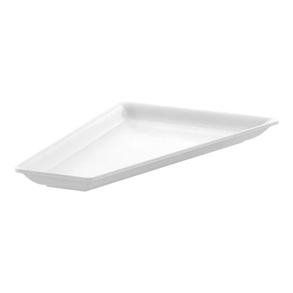 A white porcelain triangular display dish.