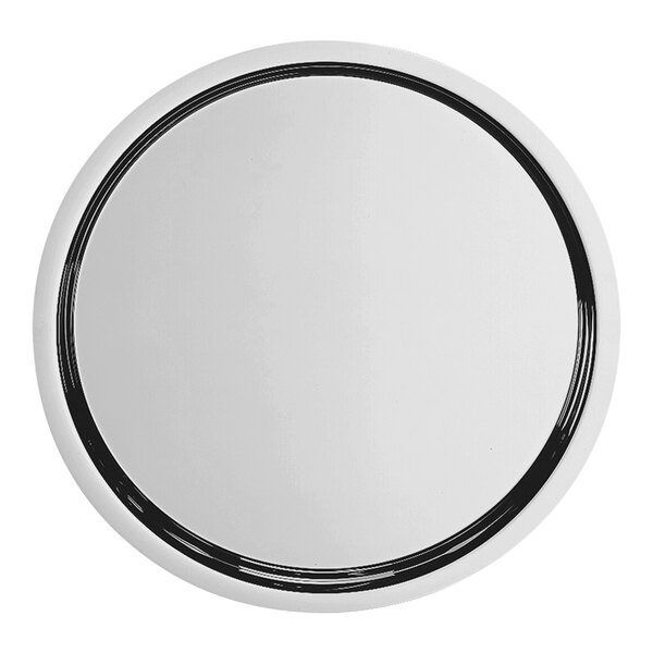 A round silver-plated stainless steel serving tray with a black rim.