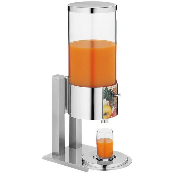 A Hepp by Bauscher juice dispenser with orange juice and a glass.