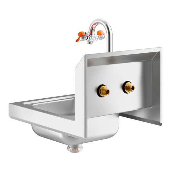 A Regency wall mounted hand sink with two faucets and two connectors.