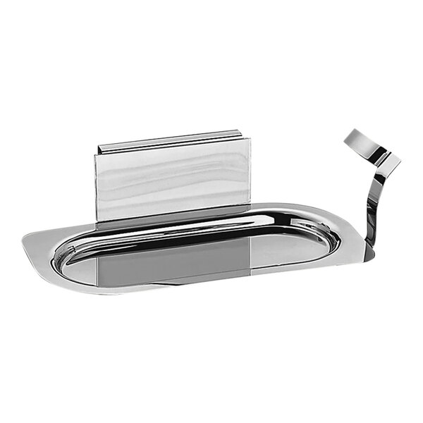 A stainless steel Hepp chafing dish utensil rack with metal holders.