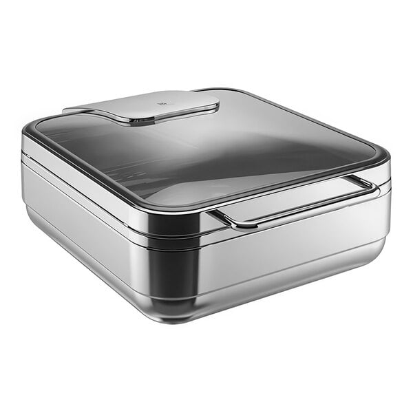 A silver rectangular stainless steel chafing dish with a lid.