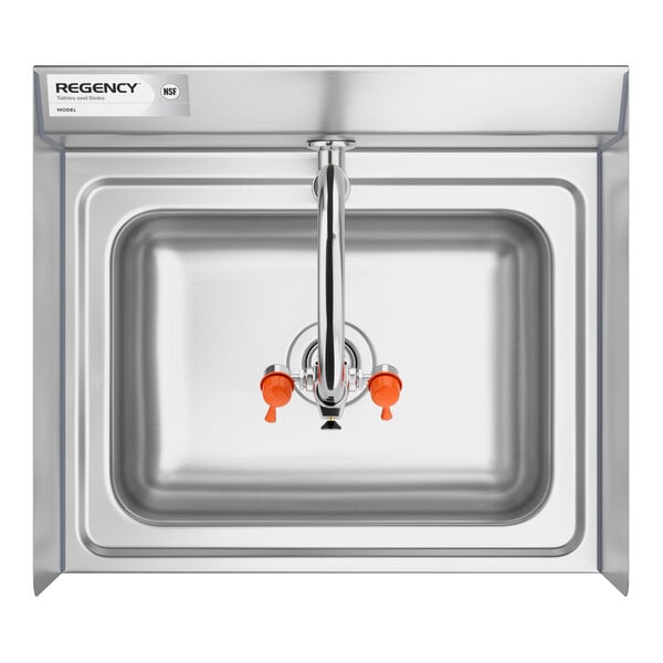 A stainless steel wall-mounted sink with a central faucet, two orange-handled controls, and side splashes.
