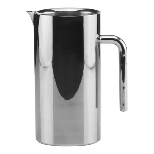 A Hepp by Bauscher stainless steel water pitcher with a handle.