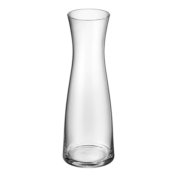 A clear glass carafe with a curved neck.