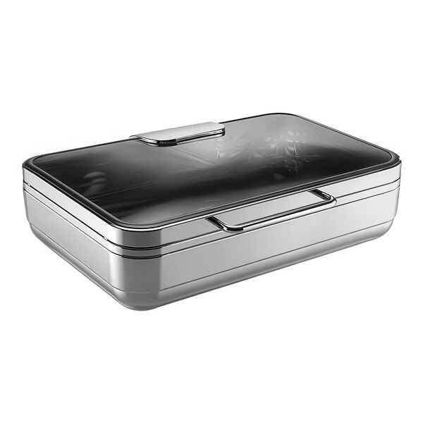 A silver rectangular Hepp by Bauscher chafing dish with a clear lid.