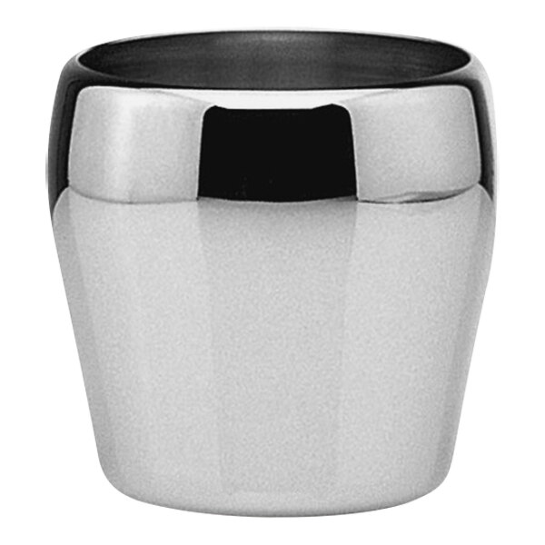 A silver and black stainless steel ice bucket with a black rim.