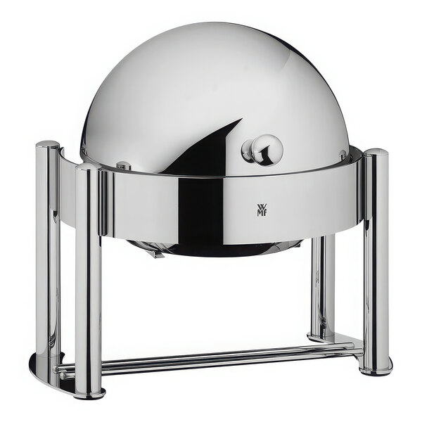 A silver round WMF Metropolitan chafer with a round lid on a stand.