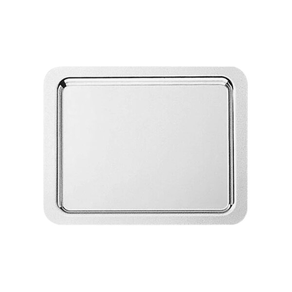 A silver rectangular stainless steel tray.