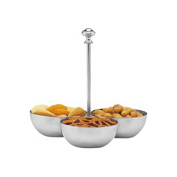 A Hepp stainless steel snack stand with three bowls of snacks.