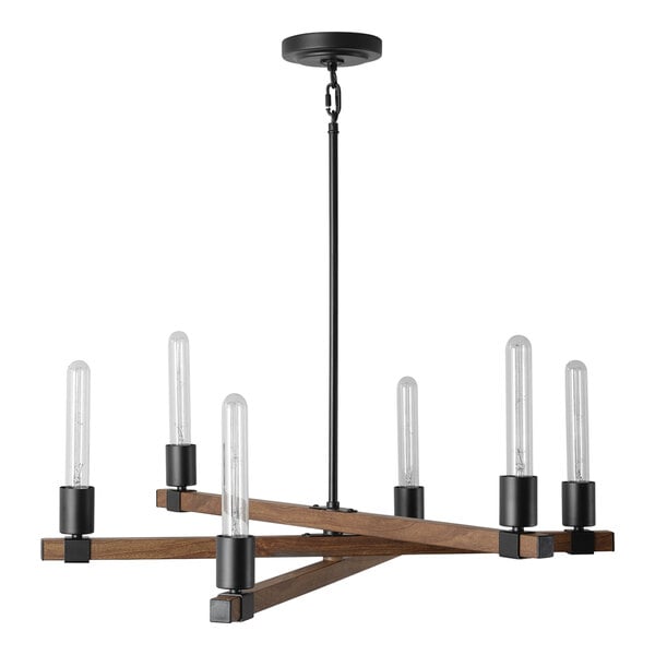 A Globe matte black and faux wood chandelier with four clear lights.