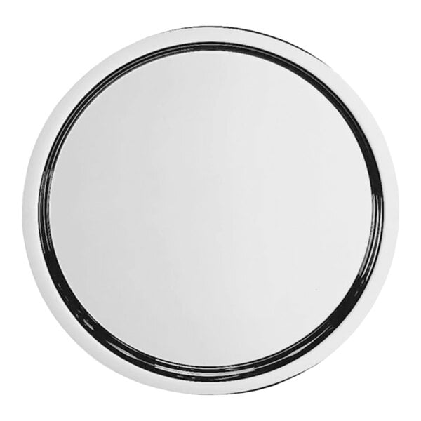 A round stainless steel serving tray.