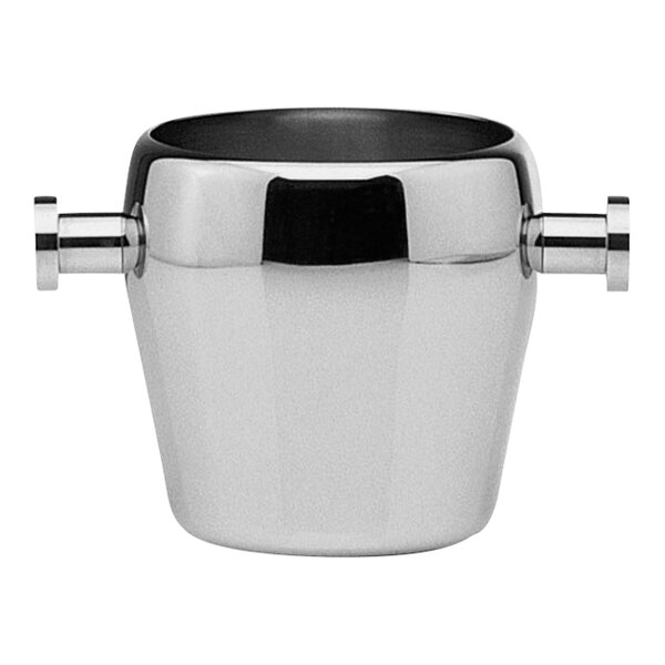 A silver-plated stainless steel ice bucket with two handles.