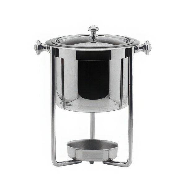 A silver stainless steel sauce chafer with a lid.