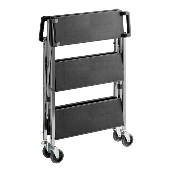 A black folding Lavex plastic utility cart with three shelves.