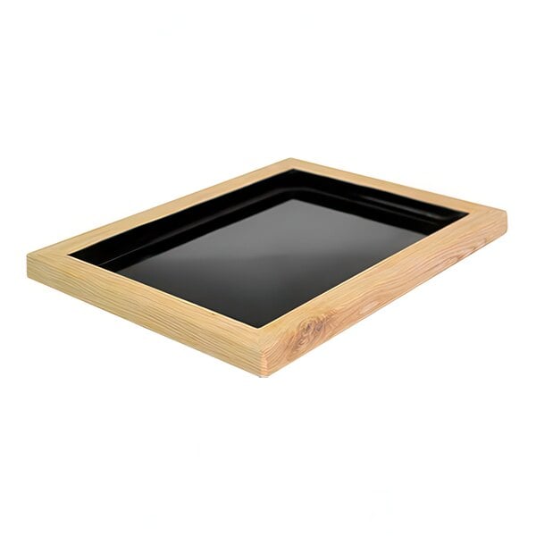 A Dalebrook wood and melamine rectangular tray with a black surface and wooden frame.