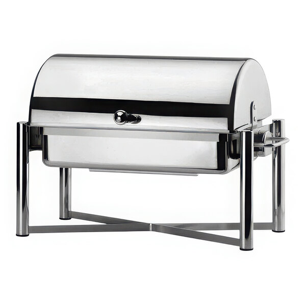 A silver rectangular stainless steel chafer with a lid and a knob on a stand.