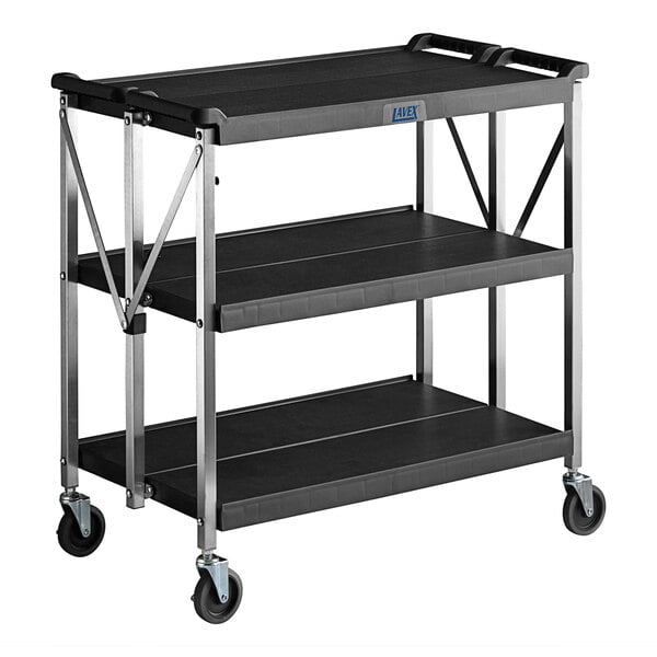 A black Lavex large plastic utility cart with three shelves and wheels.