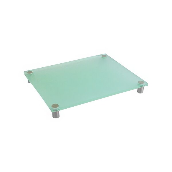 A clear green acrylic rectangular riser with metal legs.