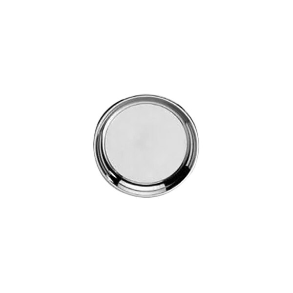 A close-up of a silver round Hepp by Bauscher stainless steel serving tray.