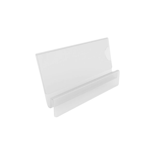 A white plastic holder with a clear strip for a label.