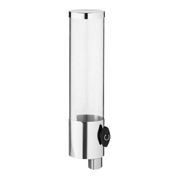 A stainless steel canister with a clear glass lid and a black button.