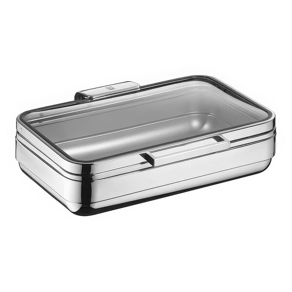 A Hepp stainless steel rectangular chafing dish with a lid.