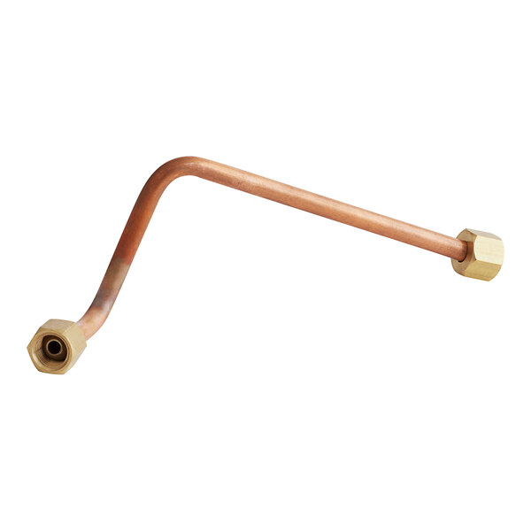 A bent copper tube with a brass nut.