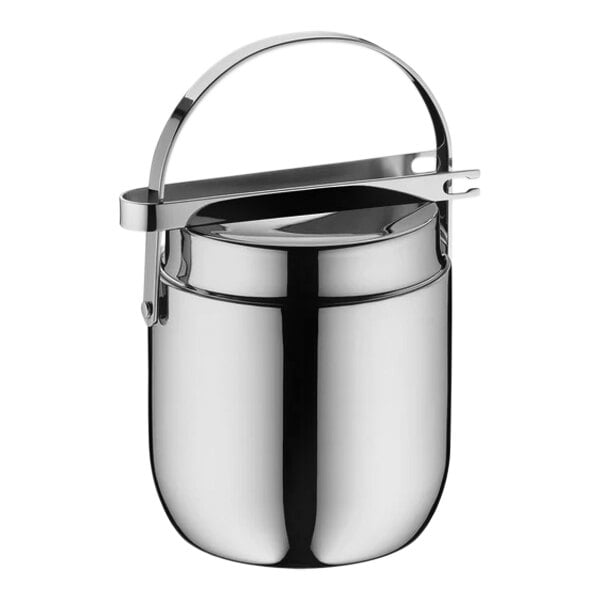 A silver metal Hepp by Bauscher ice bucket with a handle.