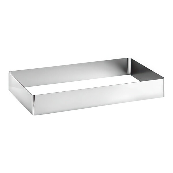 A silver Hepp by Bauscher stainless steel display frame with a handle.