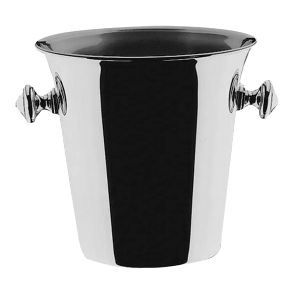 A silver stainless steel wine and champagne cooler with handles.
